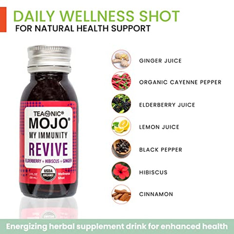 My Immunity Mojo: Revive, Suco Herbal com Sabugueiro, Hibisco e Gengibre, Orgânico Certificado pelo USDA, Vegano, Sem Glúten, 12 Pacotes, 60 ml Cada (12x60ml) - TEAONIC