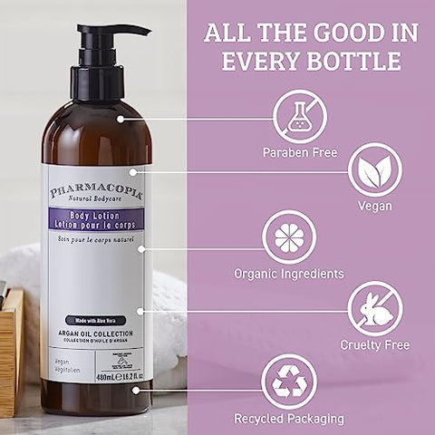 Loção Corporal de Óleo de Argan do Hotel Pharmacopia – Hidratante Vegano para Pele Seca, Loção de Aromaterapia com Essência de Melão e Chá Verde – Cuidados com a Pele Natural, Orgânico e Livre de Crueldade