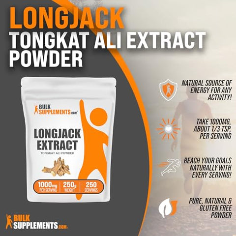 Longjack Extract Powder BulkSupplements.com – Tongkat Ali para Homens – Eurycoma Longifolia – Suporte à Libido (250g – 8.8oz)