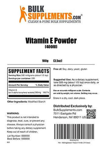 Vitamina E em Pó 400 UI BulkSupplements.com – D-Alpha Tocopherol, Suplemento de Vitamina E, Sem Glúten, 500mg por Porção, 100g (Pack de 1)