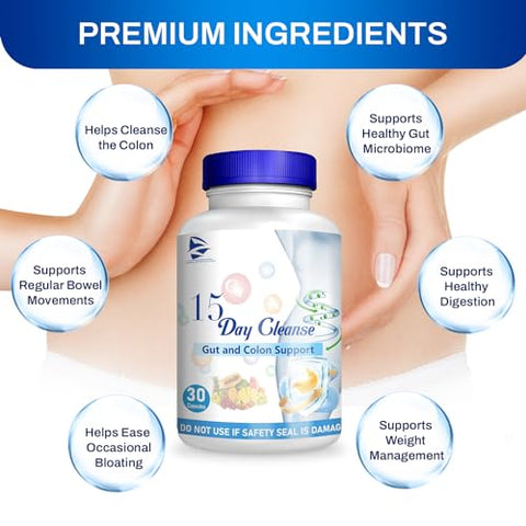 SAKQIY - 15 Dias Cleanse – Suporte para Intestino e Cólon, Cápsulas Dissolventes para Limpeza Intestinal, Cleanse Natural Slim, Cleansem Cólon
