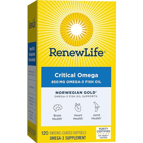 Norwegian Gold Critical Omega Softgels – Suporte Diário para Coração, Cérebro e Articulações – Ômega-3 EPA e DHA – Livre de Laticínios e Glúten – 850 Mg 120 Cápsulas - Renew Life