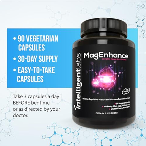 Suplemento de Magnésio MagEnhance Magtein® Complexo de Magnésio com Magnésio L-Treonato, Glicinato de Magnésio e Taurato por Intelligent Labs, 90 Cápsulas