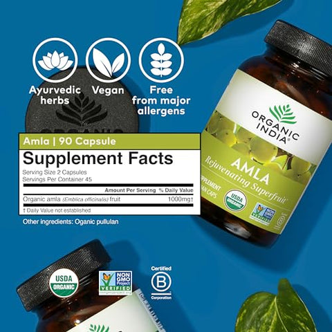 ORGANIC INDIA - Suplemento Vitamínico Herbal Organic India Amalaki – Suporte Imunológico, Vitamina C, Vegano, Sem Glúten, Kosher, Ayurvédico, Antioxidante, Orgânico Certificado pelo USDA, Não-OGM – 90 Cápsulas