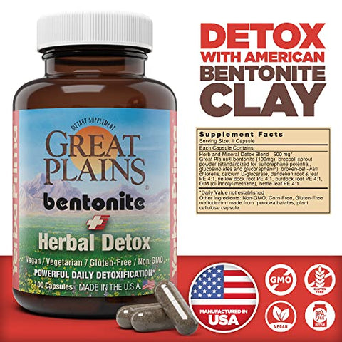Bentonite Clay Plus Herbal Detox – 100 Cápsulas Vegetais – Argila de Grau Alimentício das Grandes Planícies, EUA – Desintoxicação do Cólon - Yerba Prima