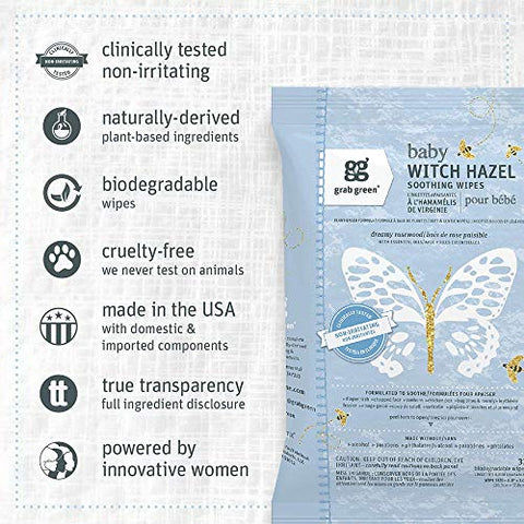 Toalhas Umedecidas Grab Green Baby Witch Hazel, 96 Unidades, Aroma Relaxante de Madeira de Rosa, Baseada em Plantas e Minerais, Biodegradável, Alivia Irritações Comuns da Pele como Assaduras, Sem