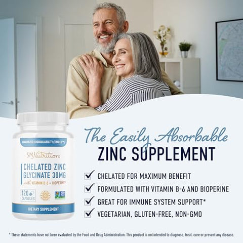 LLC,Smoky Mountain Naturals - Suplementos de Zinco Quelato | Glicinato de Zinco 30mg | Altamente Absorvível TRAACS Quelato de Zinco Bisglicinato, Vitamina B6