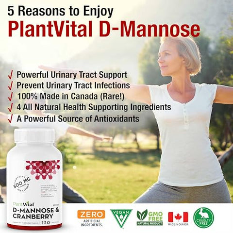 Cápsulas de D-Manose com Cranberry – Cápsulas de D-Manose 1000mg – Alta Potência para Suporte à Bexiga, Rim e Trato Urinário. Pó de Cranberry com Hibisco e - Plantvital