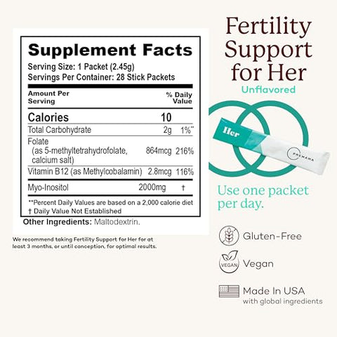Fertility Support for Her – Pó para Apoio à Fertilidade, Função Ovulatória Normal e Qualidade dos Óvulos – Sem Glúten, Vegano, Sem Sabor – 28 Sachês Individuais - Premama