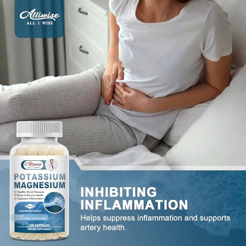 Alliwise - Suplemento Premium de Magnésio e Potássio – 120 Cápsulas – Sem GMO, Sem Glúten, Potássio Absorvível 200mg, Complexo de Magnésio 100mg, para Ossos