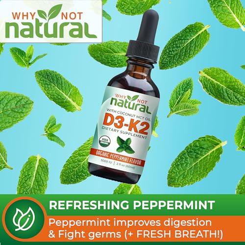 Why Not Natural - Vitamina D3 K2 (MK-7) Líquida, 5000 UI de D3 sublingual com Óleo de Coco MCT, para ossos e dentes fortes, suporte ao coração e imunidade