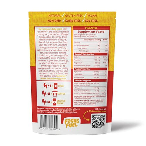 FocusFuel - Focus Energy Gummies – Gomas Energéticas, 100mg de Cafeína por 2 Gomas, Com B12, Magnésio, Eletrólitos, Ingredientes Naturais (Abacaxi – 30 Gomas, 90g)