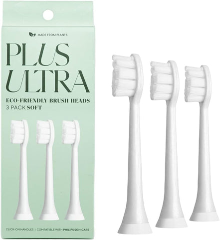 Plus Ultra - Cabeças de reposição para escova de dentes ecológica PLUS ULTRA, compatíveis com escova de dentes elétrica Phillips Sonicare, cerdas macias para dentes sensíveis – 3 cabeças de reposição por embalagem