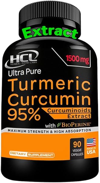 HCL HERBAL CODE LABS - Suplemento de Curcumina de Cúrcuma 19X Mais Forte – 1500 mg de Extrato de Curcuminoides 95%% em Cápsulas – Forma Mais Ativa de Curcumina com BioPerine Gengibre Canela – Melhor Suporte Natural para as Articulações