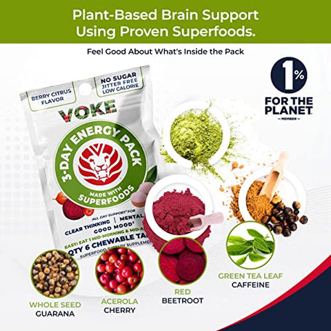 ENERGY TABLETS – Comprimidos Mastigáveis Superfood de Foco Rápido, Portáteis de Bolso, Embalagem Reselável, Vitamina C, Suporta Concentração, Memória, Pensamento Claro e Bom Humor - Voke