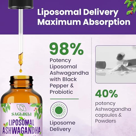 Saglikli - Gotas Líquidas de Ashwagandha Lipossomal 2000mg, Extrato de Raiz de Ashwagandha (7%% Withanolides) com Extrato de Pimenta Preta