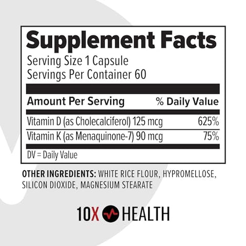 10X Health System - Vitamina D3 K2 10X Health – 125 mcg de Vitamina D e 90 mcg de Vitamina K (Menaquinona 7) – Suplementos D3 e K2 que Apoiam a Saúde Óssea, Cardíaca e Dental – 60 Cápsulas