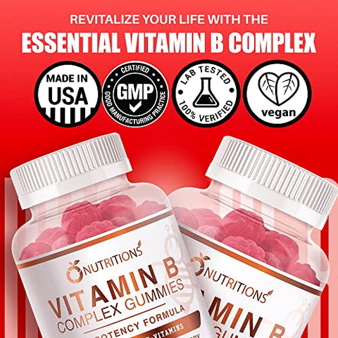 Gomas Veganas de Complexo de Vitaminas B com Vitamina B12, B7 como Biotina, B6, B3 como Niacina, B5, B8, B9 como Ácido Fólico para Estresse, Energia e Sistema Imunológico Saudável (1 Pacote) - O NUTRITIONS