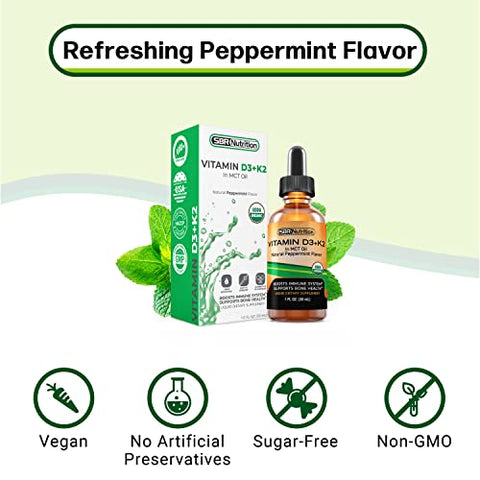 SBR Nutrition - MAX Absorption, Gotas Líquidas de Vitamina D3 K2 (MK-7) com Óleo de TCM, Sabor Menta, Fortalece os Ossos e Promove um Coração Saudável