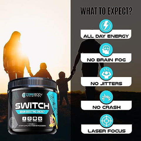 CoreBody Nutrition - Switch: Suplemento Energético Nootrópico para Potencializar o Cérebro, Aumentar o Foco Mental – Marca em Destaque