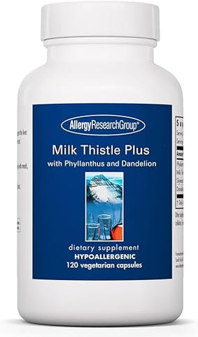 Suplemento de Cardo Mariano Plus para Apoio à Saúde do Fígado, Cardo Mariano, Dente-de-leão, Desintoxicação, Limpeza, Cápsulas Vegetarianas – 120 Unidades - Allergy Research Group