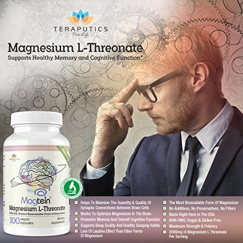 Teraputics - Magnésio L Treonato (Fórmula Original Magtein) – 2000 mg 100 Cápsulas Veganas Não-OGM Altamente Absorvente Suplemento Puro de Vitamina para Cognição – Sem Laxante