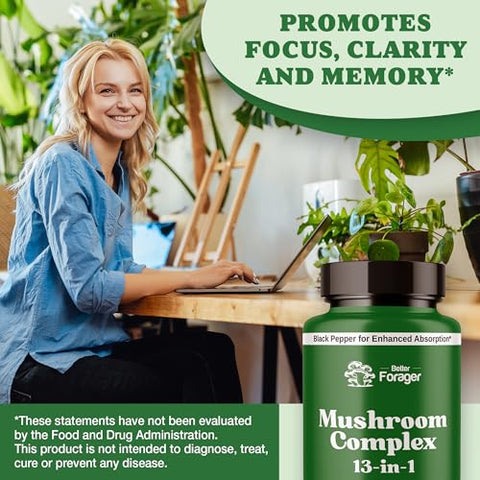 Better Forager - Cápsulas Complexas de Cogumelo, Suplemento de 13 Cogumelos, Cogumelo do Leão, Reishi, Cordyceps, 13 em 1