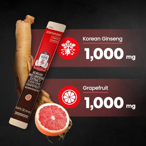 JUNG KWAN JANG - Extrato de Ginseng Vermelho Coreano Everytime Grapefruit 1000mg | Suplemento de Ginseng, Suplemento Energético, Comida Coreana | Sem Cafeína, Sem Glúten, Aumenta a Energia, Antioxidante | 30 Unidades