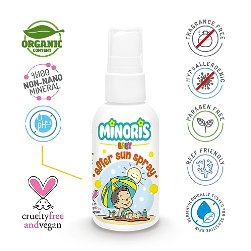 Minoris - Spray Pós-Sol para Bebês – Cuidado Pós-Sol para Bebês, Conteúdo Orgânico, à Base de Óxido de Zinco, Hipoalergênico, Vegano, Recuperação após Exposição ao Sol, Calmante, Cuidado para Queimaduras Solares, 0-6 Meses 100ML