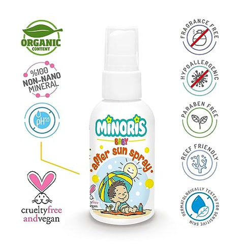 Minoris - Spray Pós-Sol para Bebês – Cuidado Pós-Sol para Bebês, Conteúdo Orgânico, à Base de Óxido de Zinco, Hipoalergênico, Vegano, Recuperação após Exposição ao Sol, Calmante, Cuidado para Queimaduras Solares, 0-6 Meses 100ML