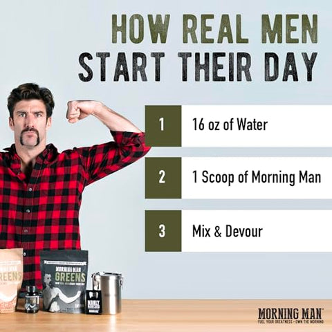 MORNING MAN - Mix de Superfood Probiótico de Verdes com Melhor Sabor, 95mg de Cafeína, Energize sua Manhã, 75 Vitaminas, Chá Verde