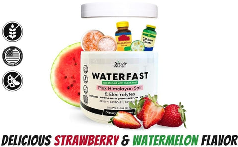 Simply Primal - Pó Eletrolítico Monk Fruit Keto WATERFAST para Jejum e Hidratação – Sabor Morango Melancia | Sal Rosa do Himalaia (Sódio), Potássio, Magnésio, Cálcio | Sem Açúcar | 100g