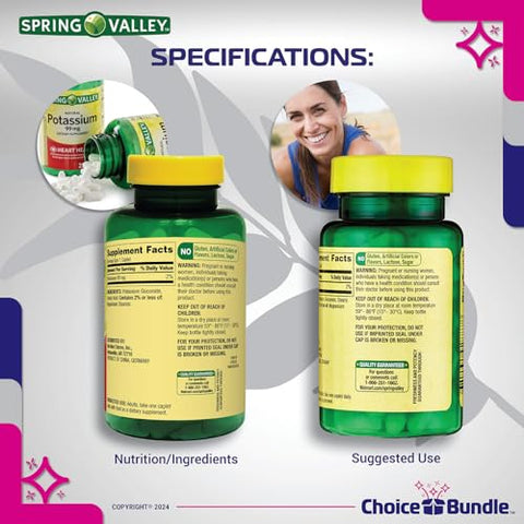 ChoiceBundle - Spring Valley Potássio Suplemento Dietético para a Saúde do Coração Caplets 99 mg 250 CT Pacote Escolha “Vitalidade Vitamínica” Guia