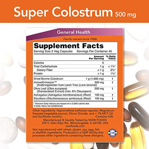Suplementos, Super Colostrum 500 mg, Imunoglobulinas naturalmente presentes com ImmunEnhancer™, Extrato de Folha de Oliveira e Raiz de Astragalus, 90 Cápsulas Vegetais - NOW Foods