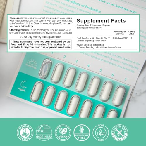 BACTOSE - Pílulas de Lactase Probióticas para Alívio Duradouro – Desfrute novamente dos laticínios – Suplemento para Intolerância à Lactose – Produza Enzimas Lactase no Intestino – Naturalmente quebre a Lactose (Tomar por 7…)