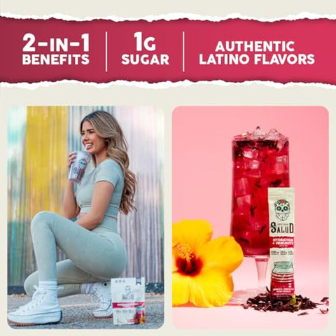 Taste Salud - Salud Hibiscus – Jamaica Agua Fresca em Pó, Sachês de Hidratação 2 em 1 com Eletrólitos, Sabores de Sabugueiro e Lácteo – 10g