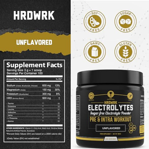 MMA Nutrition - HRDWRK – Pó de Eletrólitos Keto Hidratação Sem Açúcar com Magnésio, Potássio e Sódio – 100 Porções | Aumente a Resistência e Reduza a Fadiga com Este Suplemento de Eletrólitos