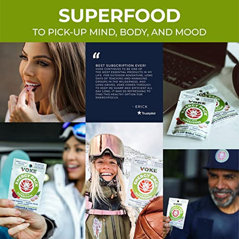 ENERGY TABLETS – Comprimidos Mastigáveis Superfood de Foco Rápido, Portáteis de Bolso, Embalagem Reselável, Vitamina C, Suporta Concentração, Memória, Pensamento Claro e Bom Humor - Voke
