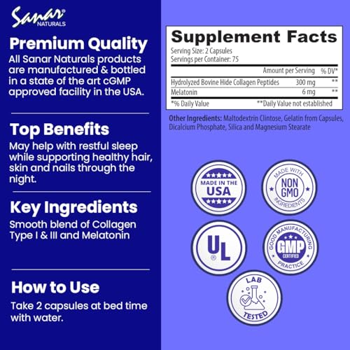 Colágeno em Cápsulas Beauty Sleep com Melatonina 6 mg – Fortalece Cabelos, Pele, Unhas e Articulações – Colágeno Hidrolisado para Mulheres e Homens, Suplemento de Peptídeos de Colágeno, 150 Cápsulas - Sanar Naturals