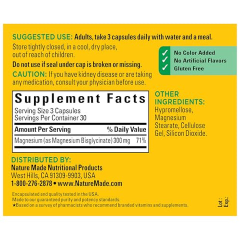 Magnésio Glicinato de Alta Absorção 300mg por 3 Cápsulas, Suporte Muscular, Cardíaco, Nervoso e Ósseo, 90 Cápsulas de Bisglicinato de Magnésio, 30 Dias - Nature Made