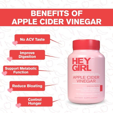 HEY GIRL NUTRITION - Apple Cider Vinegar Capsules com a Mãe – 2160mg Pílulas de Vinagre de Maçã com Pimenta Caiena – 120 Cápsulas Veganas de AVC com a Mãe para Desintoxicação, Keto, Digestão