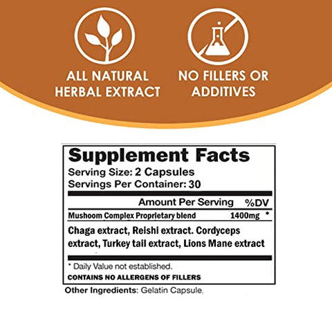 Suplemento de Cogumelo | Complexo de Cogumelos para Suporte Vitalidade* 1400mg | Fórmula Adaptogênica Inclui: Leão da Montanha, Chaga, Reishi, Extratos | 60 Cápsulas - VH Nutrition