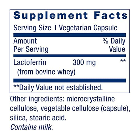Lactoferrin Caps – Resposta Imune Saudável, Suporte GI, Saúde Visual – Sem Glúten, Não-OGM – 1-Diário, Vegetariano – 60 Cápsulas - Life Extension