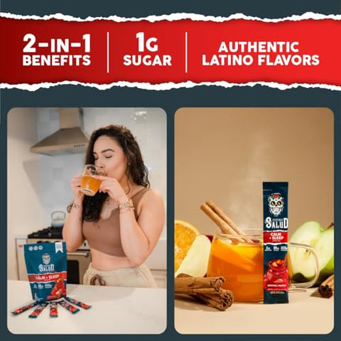 Taste Salud - Salud Ponche 2 em 1 Bebida Calmante para Dormir, Sabor Punch, Melatonina, Magnésio, Extrato de Açafrão, L-Teanina, Não-OGM, Sem Glúten, Vegano, Baixa Caloria, 1g de Açúcar (15 Porções)