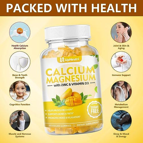 UPNEUTRI - Suplemento de Cálcio Magnésio Zinco com Vitamina D3, Gomas de Cálcio Sem Açúcar para Mulheres e Homens, Gomas de Zinco de Alta Absorção para os Ossos