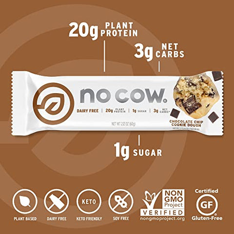 Barras de Alta Proteína, Massa de Biscoito com Gotas de Chocolate – Snacks Saudáveis, 20g Proteína Vegana, Alto Teor de Fibra, Baixo Açúcar, Amigável ao Keto, Sem Laticínios - No Cow
