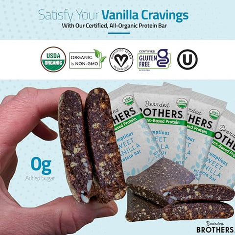 Barra de Proteína Orgânica Bearded Brothers [10 Unidades] 11g de Proteína Vegetal à Base de Plantas Sem Glúten Vegano, Não-OGM Lanche Saudável para Adultos Boa Fonte de Fibras (10 Pacotes, Baunilha)