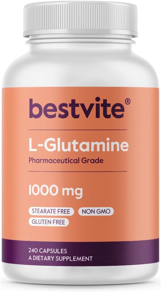 L-Glutamina 1000mg por Cápsula (240 Cápsulas) – Forma Livre – Sem Estearatos – Sem Preenchedores – Livre de Glúten – Não Transgênico – Suplemento Puro de L Glutamina – Máxima Força Glutamina - BESTVITE