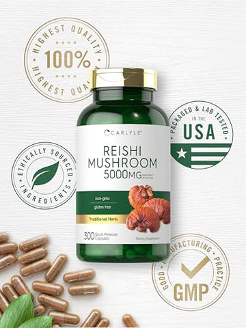 Reishi Mushroom 5000mg | 300 Cápsulas | Extrato de Reishi Sem GMO e Sem Glúten - Carlyle