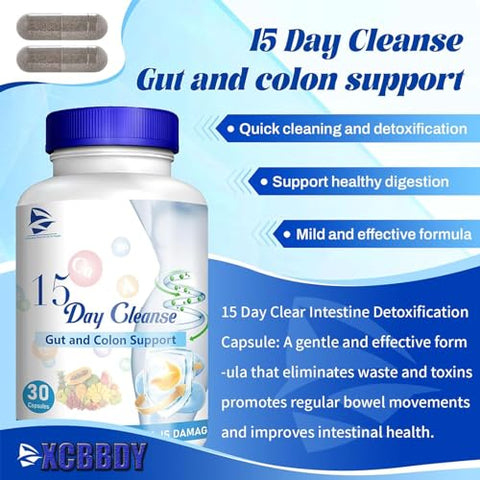 XCBBDY - 15 Day Cleanse – Suporte para Intestino e Cólon, Cápsulas Dissolventes para Limpeza de 15 Dias, com Sene, Cáscara Sagrada